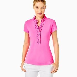 Lilly Pulitzer Luxeletic Ruffle Polo Shirt SPF 50 Frida Golf Top Hot Pink Isle L